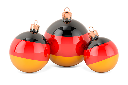 Christmas baubles with German flag, 3D rendering isolated on white background