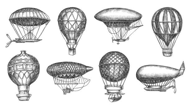 illustrazioni stock, clip art, cartoni animati e icone di tendenza di retro hot air balloon aerostat e disegno a mano libera blimp - hot air balloon