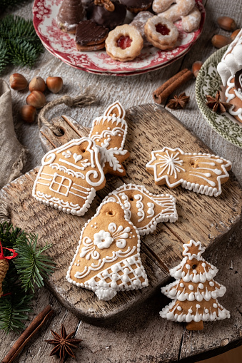 Decorated gingerbread Christmas cookies on a table