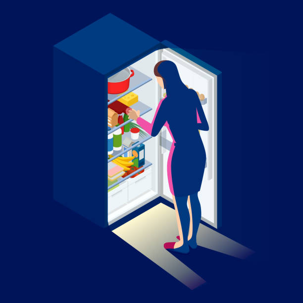 illustrations, cliparts, dessins animés et icônes de problème d’excès de poids et de santé. femme près du réfrigérateur ouvert la nuit. jeune femme isométrique regardant le réfrigérateur. - frigo ouvert