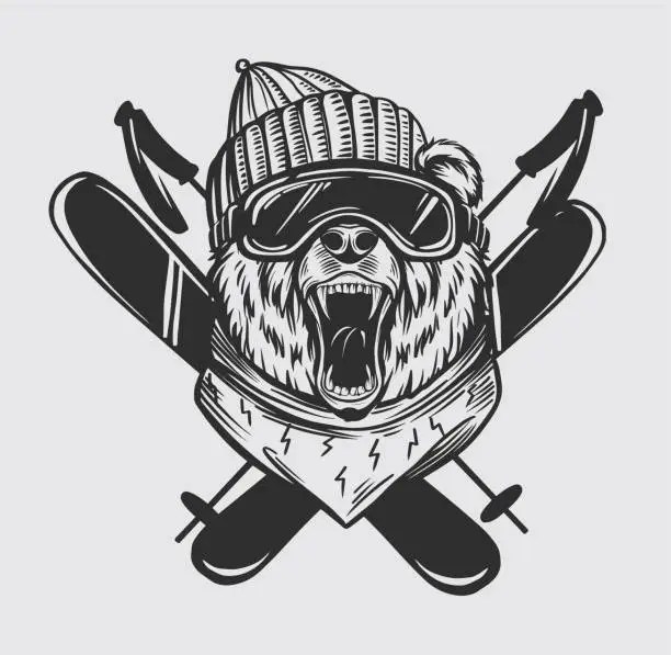 Vector illustration of Bear skier. Snowboard. Ski resort emblem, print design
