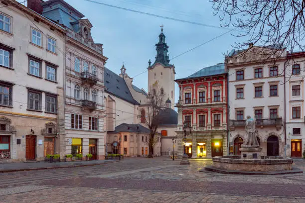 Old Town Medieval Town Hall Square in the morning. Lviv. Ukraine.