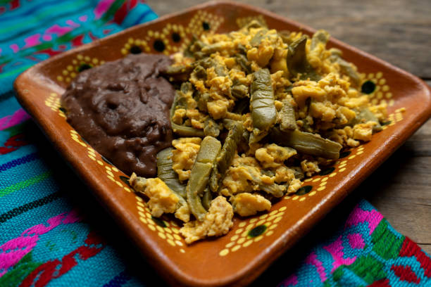 istock Mexican scrambled eggs with nopal cactus and beans on wooden background 1286756992