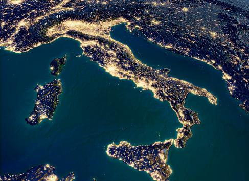 Satellite view of Italy, physical map, South Europe. Night view. City lights. 3d render, reliefs and mountains. Mediterranean. Italy. Immigrant landings