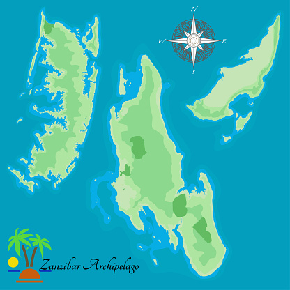 Zanzibar Archipelago. Realistic illustration of islands Unguja Island, Pemba Island, Mafia Island, semi-autonomous region of Tanzania. Road map.