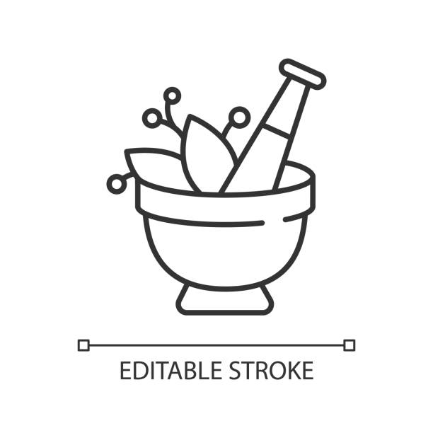 ilustrações de stock, clip art, desenhos animados e ícones de mortar and pestle linear icon - mortar and pestle condiment isolated food