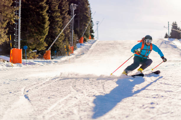 istock Professional skier on the ski track, making a perfect turn 1286765190