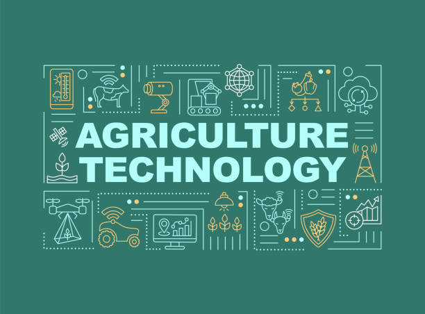 Agriculture machinery word concepts banner Agriculture machinery word concepts banner. Modern farming techniques. Infographics with linear icons on dark green background. Isolated typography. Vector outline RGB color illustration precision agriculture stock illustrations