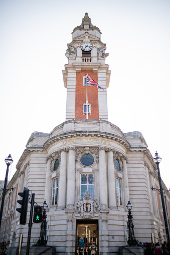 London, UK - September 30, 2020: Portrait View of the Front Side of the Lambeth Town Hall and its Clock Tower in London, UK