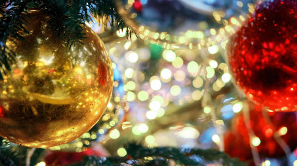 istock Winter christmas tree with red and yellow balls, copy space 1286771922
