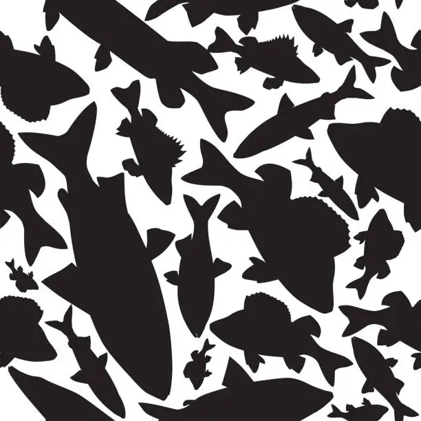 Vector illustration of Pattern of black silhouettes of fish on a white background.