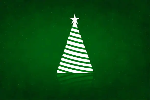 Vector illustration of One white coloured triangle shaped striped Christmas tree over a dark emerald green color glittering glossy xmas backgrounds with a star at the top and reflection at the bottom