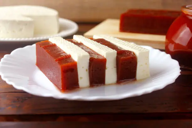 Guava candy with cheese from minas. Goiabada with cheese, Brazilian dessert known as romeo and juliet. Selective focus