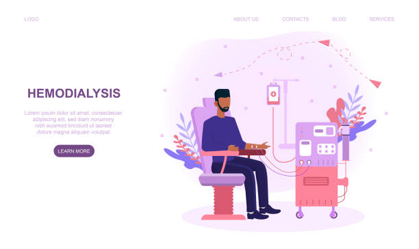 Hemodialysis for kidney treatment Hemodialysis for kidney treatment. Man sitting in a chair and getting a kidney disease treatment. Patient having a internal injection. Website web page, landing page template. Flat vector illistration dialysis stock illustrations
