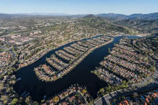 Aerial view of Westlake Island in the Thousand Oaks and Westlake Village communities in Southern California.