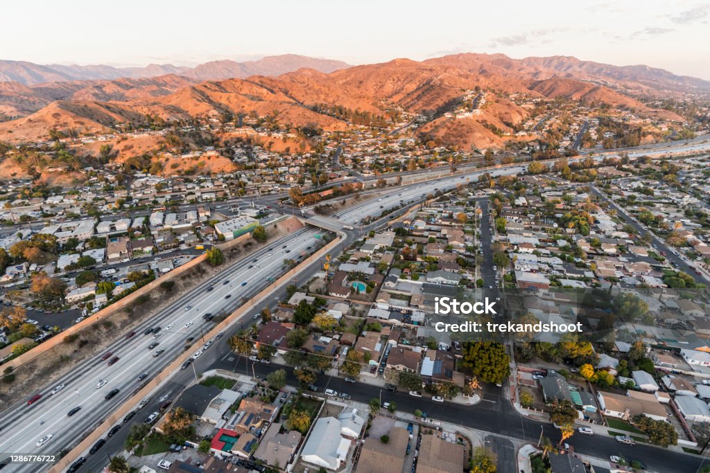 Interstate 5 Freeway Aerial Burbank California Aerial view Interstate 5 freeway and Verdugo Mountain in the San Fernando Valley near Burbank and Los Angeles, California. California Stock Photo