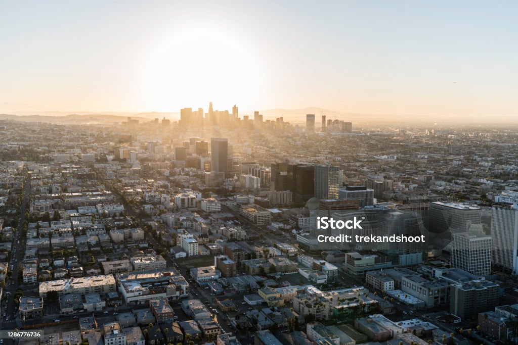 Los Angeles Korea Town and Downtown Sunrise Aerial Aerial morning view of Korea Town and downtown Los Angeles in Southern California. City Of Los Angeles Stock Photo