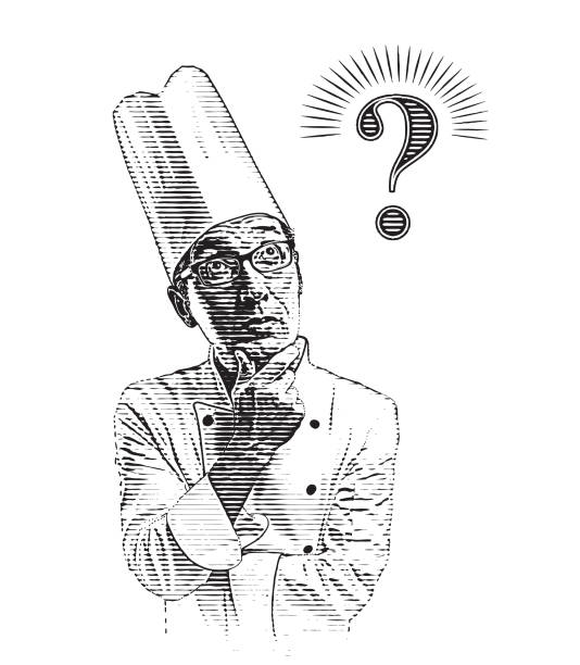 Male chef facing an uncertain future Male chef facing an uncertain future senior adult retirement question mark worried stock illustrations