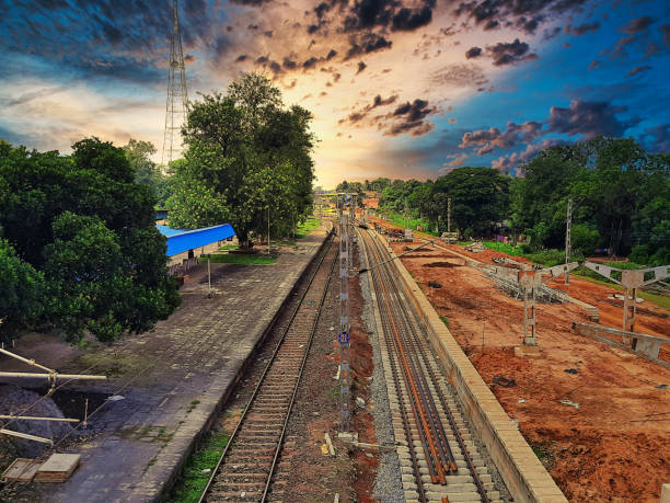 istock a beautiful sunset on the railway track 1286790595