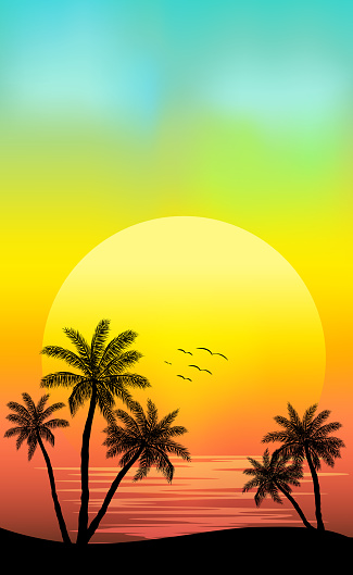 Sunset on the beach with palm trees - illustration