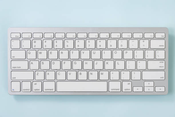 istock Close up White Portable Computer Keyboard on Blue Pastel Minimalist Background 1286792355