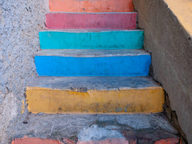 Colorful worn stairway in Valparaiso Chile stock photo