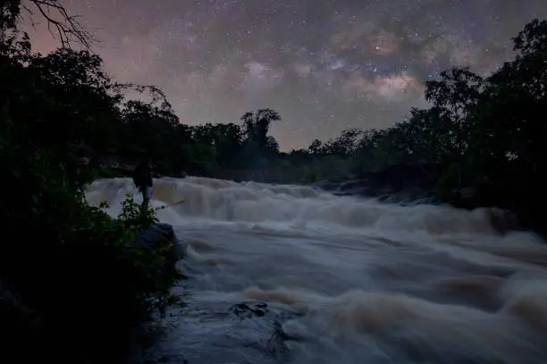 Photo of Landscape of the milky way galaxy over mountain with water fall and starlight on the night sky at rural , Thailand.