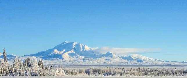 Mount Drum sits amongst a winter scene in Interior Alaska on a cold bright day.