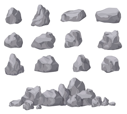 Cartoon stones. Rock stone isometric set. Granite boulders, natural building block shapes. 3d decoration isolated vector collection. Illustration of boulder geology, nature stone material
