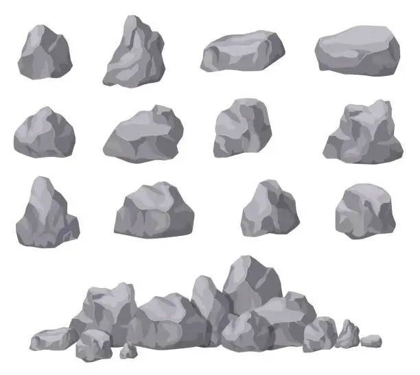 Vector illustration of Cartoon stones. Rock stone isometric set. Granite boulders, natural building block shapes. 3d decoration isolated vector collection