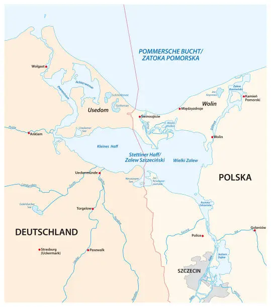 Vector illustration of vector map of the Szczecin Lagoon in the estuary of the Oder River in the Baltic Sea