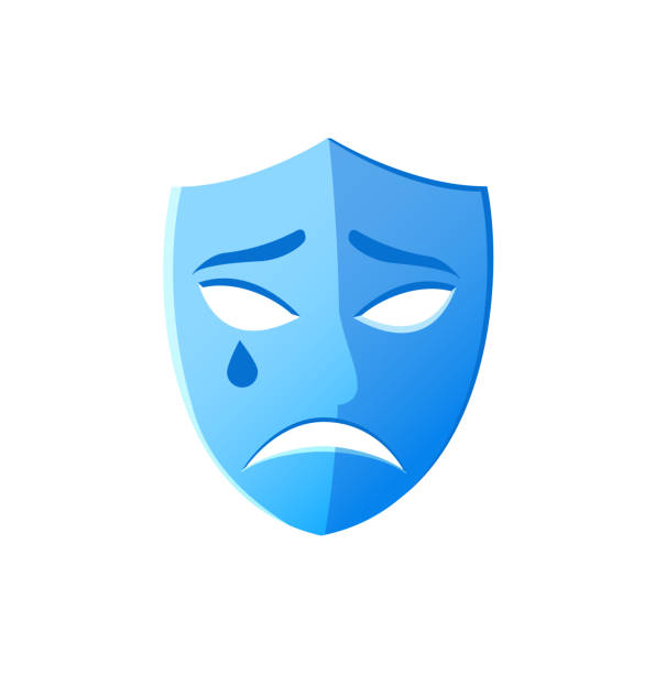 Sad Mask, Unhappy Disguise, Theater Blue Icon Depressed face on mask vector, theater isolated icon drama performance, unhappy disguise with tear drop, pantomime and classical tragedy play weeping charades stock illustrations