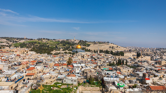 View from top of church on Temple Mount with golden dome of Al Aqsa in Jerusalem