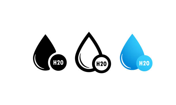 H2O icon set in black, blue. Water drop icon logo. Chemical formula H2O. Vector illustration. Flat design. H2O icon set in black, blue. Water drop icon logo. Chemical formula H2O. Vector illustration. Flat design. h20 molecules stock illustrations