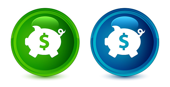 Piggy bank dollar sign icon artistic shiny glossy blue and green round button set design concept illustration