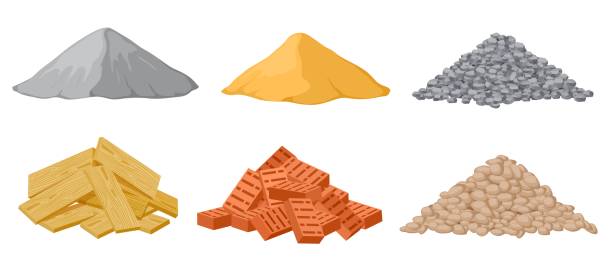 Construction material piles. Gypsum and sand, crushed and stones, red bricks and wooden planks heaps isolated vector set Construction material piles. Gypsum and sand, crushed and stones, red bricks and wooden planks heaps isolated vector set. Industrial plywood, panel and pile of bricks and sand illustration gravel mound stock illustrations