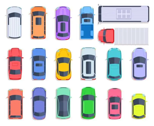 Vector illustration of Top view cars. Auto transport, truck and car roof of vehicle transport. City traffic, automobile transportation flat vector set