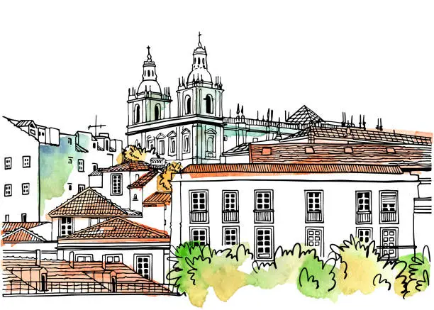 Vector illustration of Roofs of the old Lisbon