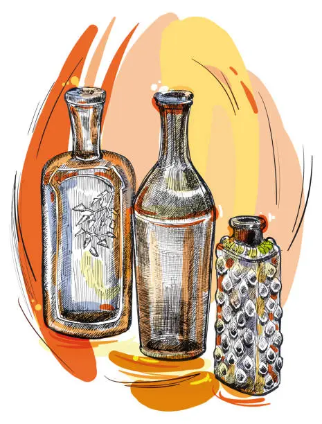 Vector illustration of ink, pen. drawing is decorative bottle fo drinks on a white background. vector