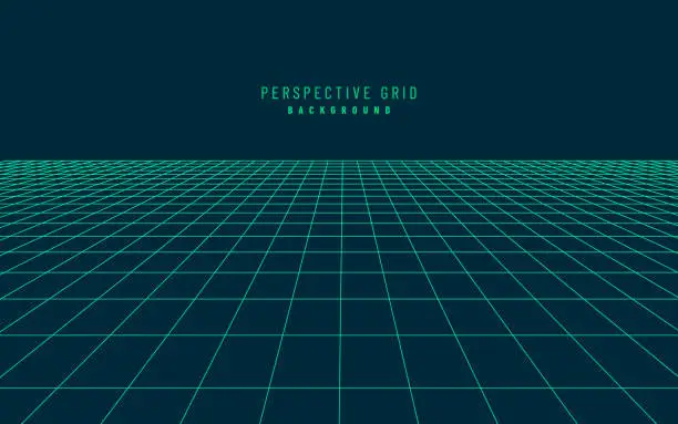 Vector illustration of Abstract perspective dark blue green grid. Retro futuristic neon line on dark background, 80s design perspective distorted plane landscape composed of crossed neon lights and laser beams. Vector EPS10