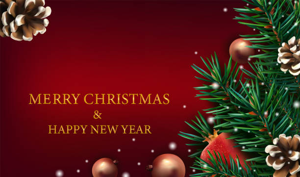 istock Merry Christmas and Happy New Year. Christmas decor with of pine branches, pine cone, pomegranate, sparkles, and Christmas toys on red background. Illustration for your poster, banner, cards. Vector. 1286824450