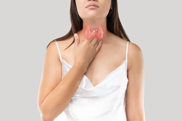 Women thyroid gland control Women thyroid gland control. Sore throat of a people on gray background lymph node photos stock pictures, royalty-free photos & images
