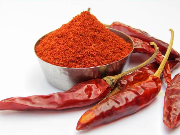 istock Red chili pepper with powder on white background 1286824647
