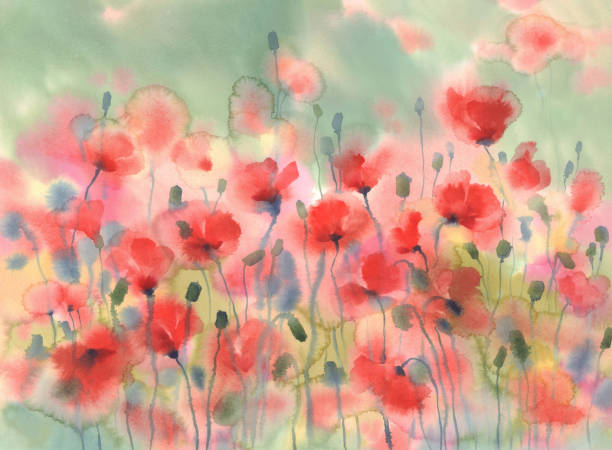istock Sunny and red poppy field watercolor background 1286828418
