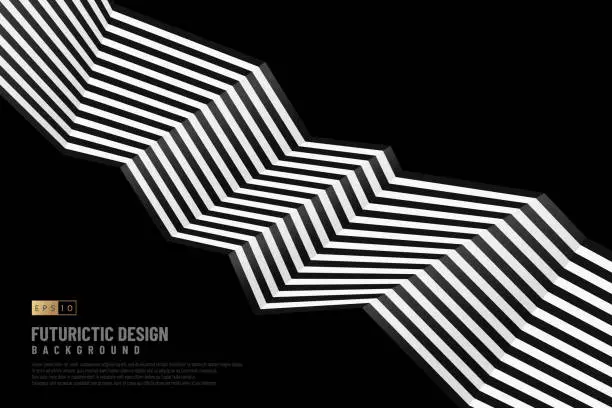 Vector illustration of Abstract black and white zigzag line pattern design on dark background with copy space. Modern futuristic template. Vector illustration