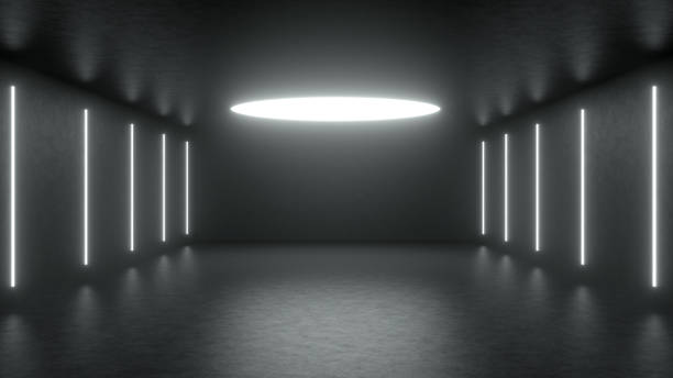 istock Empty Black Color Hall, Indoor, Room, 3D render abstract background, Neon Led Roof Lights 1286828548
