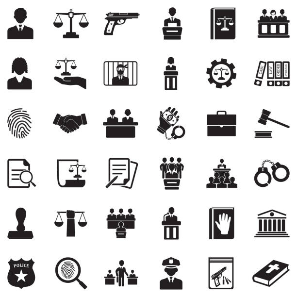 Law Icons. Black Flat Design. Vector Illustration. Law, Justice, Crime, Police lawyer icons stock illustrations