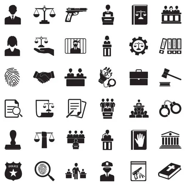 Vector illustration of Law Icons. Black Flat Design. Vector Illustration.