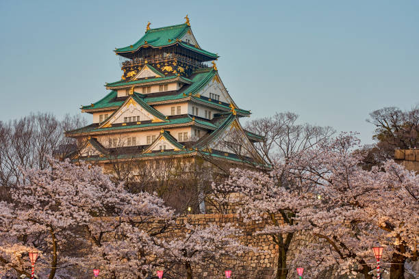 Beautiful Osaka castle with blooming cherry blossoms in Sakura spring season in Osaka, Japan
