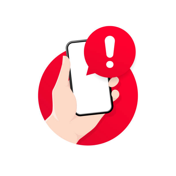 warnmeldung mobile benachrichtigung. gefahrenfehlerwarnungen, smartphone-virus-problem oder unsichere messaging-spam-probleme benachrichtigungen auf dem telefon-bildschirm, spammer-warnung flache vektor-illustration - wirtschaftskriminalität stock-grafiken, -clipart, -cartoons und -symbole
